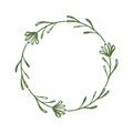 Cute stylish wreath of flowers and twigs. Round decorative frame. Contour drawing of flower and leaves in circle. Floral border in