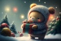 A cute stylized bear cub in a hooded jacket holds a gift in its paws on a snowy background.