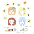 Cute stylized girl portrait. Cartoon character teenager dreaming. Hand drawn icons in speech bubbles. Pastel colors