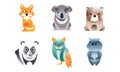 Cute Stylized Wild Animals Collection, Fox, Dog, Koala, Panda, Owl, Hippo Vector Illustration