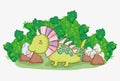 Cute styracosaurus with dino eggs in the bushes