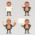 Cute successful businessman cheerful king crown on head power and scepter in hands blank paper thumb up 3d cartoon