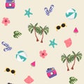 Cute seamless pattern with summer items. Beach concept illustration. Royalty Free Stock Photo