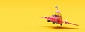 Cute summer car with wings will take off. Creative minimal travel concept idea on orange background 3D Render
