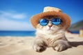 Cute summer cat wearing sunglasses and straw hat on beach. Generative AI