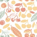 Cute summer childish seamless pattern of cherries. Vector outline doodle cartoon hand drawn design of red yellow green berries Royalty Free Stock Photo