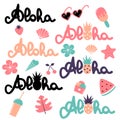 Cute vector summer elements collection with hand drawn lettering word aloha, watermelon, smoothie, monstera, ice cream, pineapple,