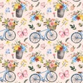 Cute summer floral seamless pattern. Watercolor flowers, leaves, blue bicycle, butterflies on pink background. Country style. Royalty Free Stock Photo