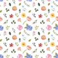 Cute summer floral seamless pattern. Watercolor wildflowers, leaves, butterflies on white background. Shabby chic country style Royalty Free Stock Photo