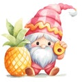 Cute Summer Gnome Pineapple Watercolor Clipart Illustration AI Generative