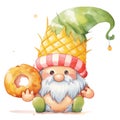 Cute Summer Gnome Pineapple Watercolor Clipart Illustration AI Generative