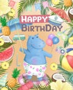 Cute Summer hippo illustration. Give me summer. Fun hippo print for birthday or Baby Shower party. watercolor animal for greeting Royalty Free Stock Photo