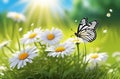 Cute summer illustration of a summer meadow, a butterfly sitting on a daisy flower, sunlight on a blue sky background