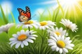 Cute summer illustration of a summer meadow, a butterfly sitting on a daisy flower, sunlight on a blue sky background