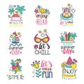 Cute summer labels set, enjoy summer vacation hand drawn colorful vector Illustrations Royalty Free Stock Photo