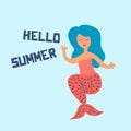 Cute summer mermaid scandinavian drawing with text for poster and t-shrit. Baby and children fashion greeting design