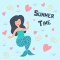 Cute summer mermaid scandinavian drawing with text for poster and t-shrit. Baby and children fashion greeting design