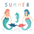 Cute summer mermaids with seahorse cartoon vector illustration motif set. Hand drawn isolated marine mythology elements clipart Royalty Free Stock Photo