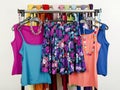 Cute summer outfits displayed on a rack. Floral skirt with matching tank tops. Royalty Free Stock Photo