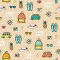 Cute summer pattern with beach elements - straw hat, flip flops, backpack, sunglasses, camera Royalty Free Stock Photo