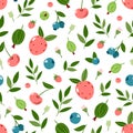 Cute summer pattern with berries and fruits on a white background