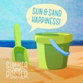 Cute summer poster - sun, sand, spade and bucket