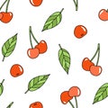 Cute summer seamless pattern with bright ripe red cherries and leaves on a white background Royalty Free Stock Photo
