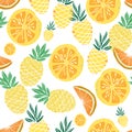 Cute summer seamless pattern. Fresh fruits, pineapples, oranges, citrus. Colorful bright vector illustration Royalty Free Stock Photo