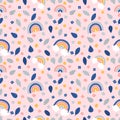 Cute summer seamless pattern with hand drawn elements. Leaves, flowers and rainbows. Great for fabric, wrapping paper, textile