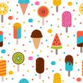 Cute summer seamless pattern with ice cream and berries. Colorful wrapping paper, fabric. Popsicle