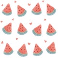 Cute summer seamless pattern background illustration with watercolor watermelons slice and hearts