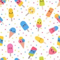 Cute summer seamless pattern with kawaii ice cream. Colorful wrapping paper, fabric. Popsicle