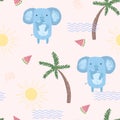 Cute summer pattern with elephants, wave and melon