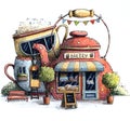 Cute summer and spring bakery shop with trees, cakes, cup and kettle.