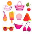 Cute summer stickers for girls, cartoon vector set Royalty Free Stock Photo