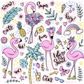 Cute summer stickers set with flamingos, ice cream, watermelon, pineapple, rainbow, lemonade, tropical leaves. Royalty Free Stock Photo