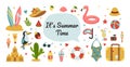 Cute summer stickers. Surfing and beach vacation. Summertime travel doodles. Fun tourism. Surfboard and pool flamingo Royalty Free Stock Photo