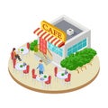 Cute summer street small cafe with outside tables isometric vector illustration