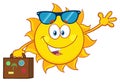 Cute Summer Sun Cartoon Mascot Character With Sunglasses Carrying Suitcase And Waving. Royalty Free Stock Photo