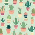 Cute summer theme seamless pattern with cacti. Pattern with various cacti. Trendy pastel colors. Exotic print. Fabric and