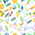 Cute summer vacation seamless pattern. Fresh fruits, pineapples, oranges