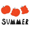 Cute summer word hand drawn lettering in Scandinavian style with bitten apples with texture isolated on white background. Doodle