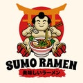 Cute Sumo Mascot Character Eating Ramen Noodle Japanese word means delicious ramen