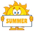 Cute Sun Cartoon Mascot Character Holding A Sign With Yellow Text Summer