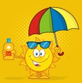 Cute Sun Cartoon Mascot Character Holding A Umbrella And Bottle Of Sun Block Cream