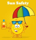 Cute Sun Cartoon Mascot Character Holding A Umbrella And Bottle Of Sun Block Cream