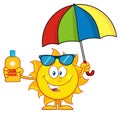Cute Sun Cartoon Mascot Character Holding A Umbrella And Bottle Of Sun Block Cream