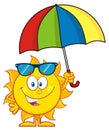 Cute Sun Cartoon Mascot Character Holding A Umbrella Royalty Free Stock Photo