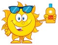 Cute Sun Cartoon Mascot Character With Sunglasses Holding A Bottle Of Sun Block Cream