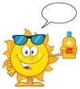 Cute Sun Cartoon Mascot Character With Sunglasses Holding A Bottle Of Sun Block Cream